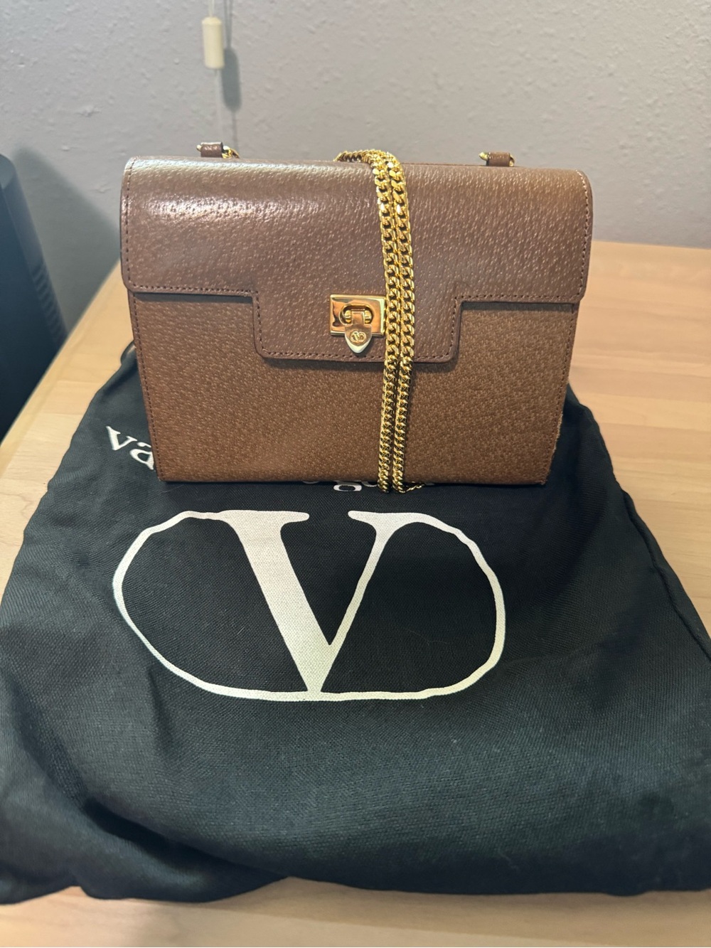 Vintage Valentino Brown Pebbled Leather Crossbody with Gold Chain